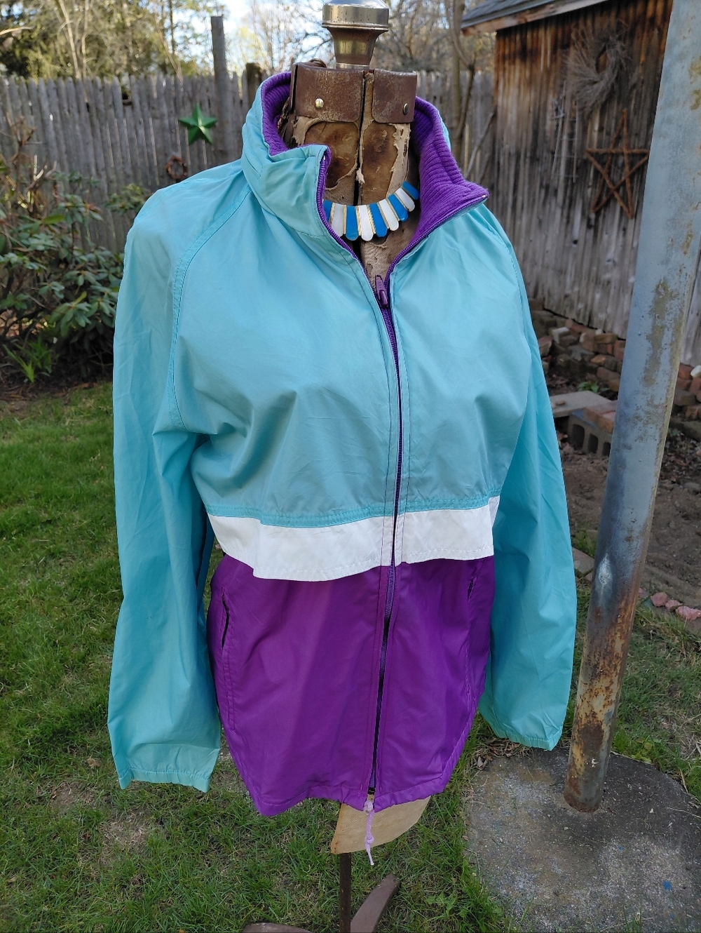 Vintage 90s Woolrich color block nylon purple surf green jacket w/ hood Mens S